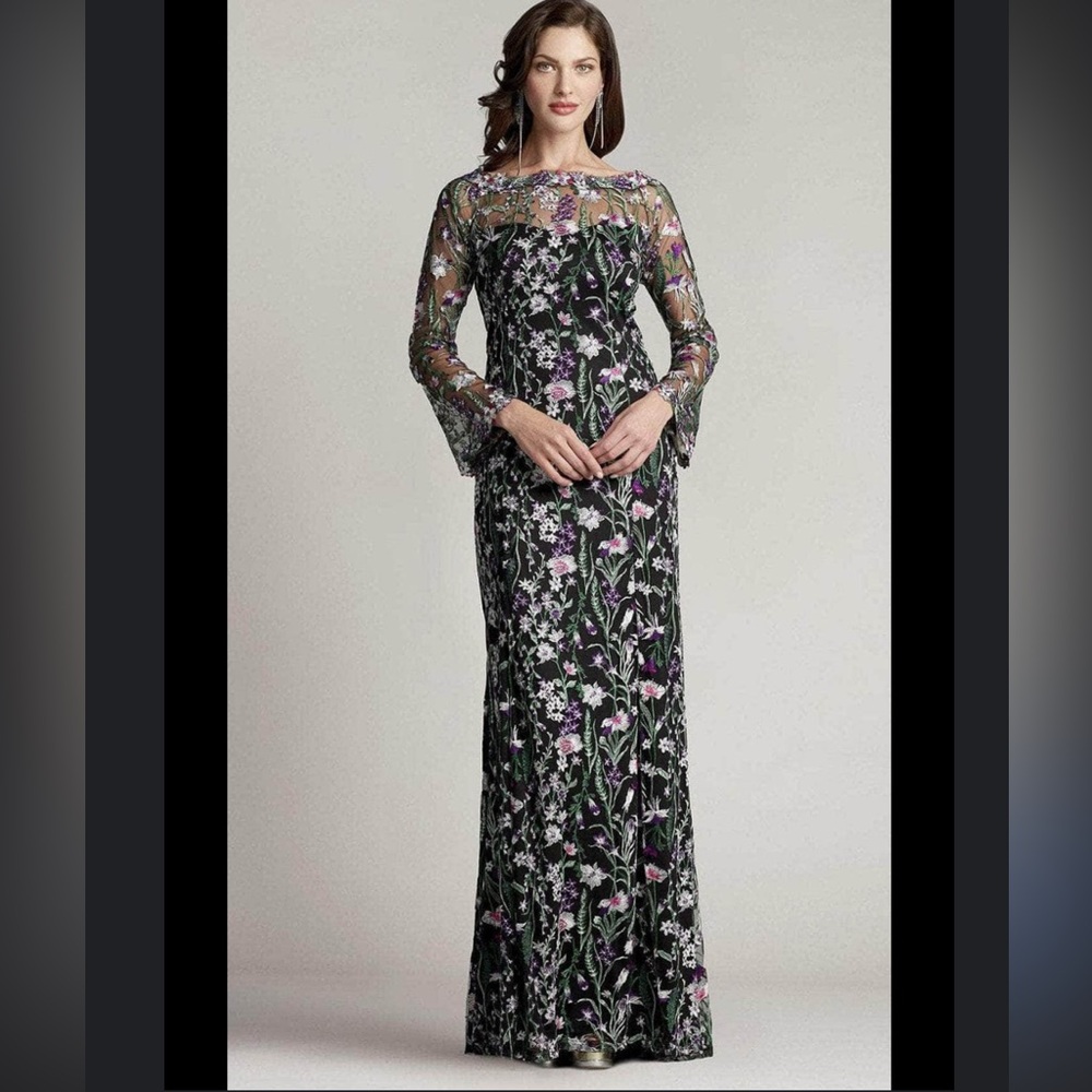 Tadashi Shoji Lace Embroidered Dress Gown black purple green size 6 - Picture 2 of 13